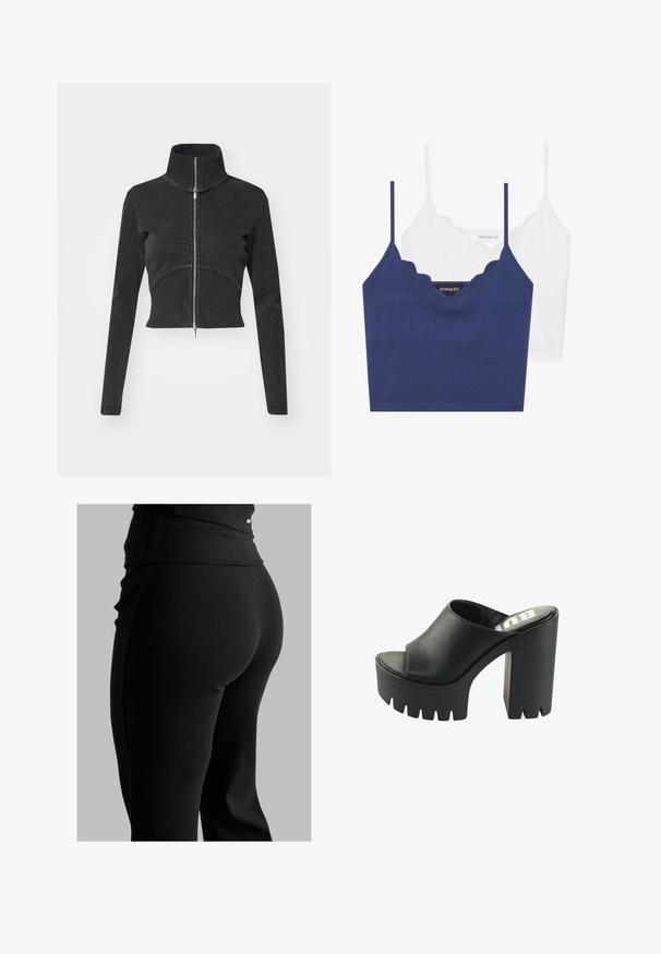 Zkrátená čierna denimová bunda s vysokým golierom, plným zipsom a dlhými rukávmi. Obsahuje zakrivený ševový dizajn a jemnú textúru.; Námornícka a biela bavlnená podprsenka s okrajom s vlnkami, tenkými nastaviteľnými ramienkami a priliehavým strihom. Logo štítok na vnútornej strane námorníckeho kúsku.; Čierne rebrované legíny s vysokým pásom, priliehavým strihom a hladkou textúrou. Obsahujú jemný detail so zapínaním na páse.; Čierne platformové mules s textúrovaným koženým zvrškom, otvorenou špičkou a masívnym, zdrsneným podpätkom. Jednoduchý dizajn s hladkou vnútornou podšívkou.