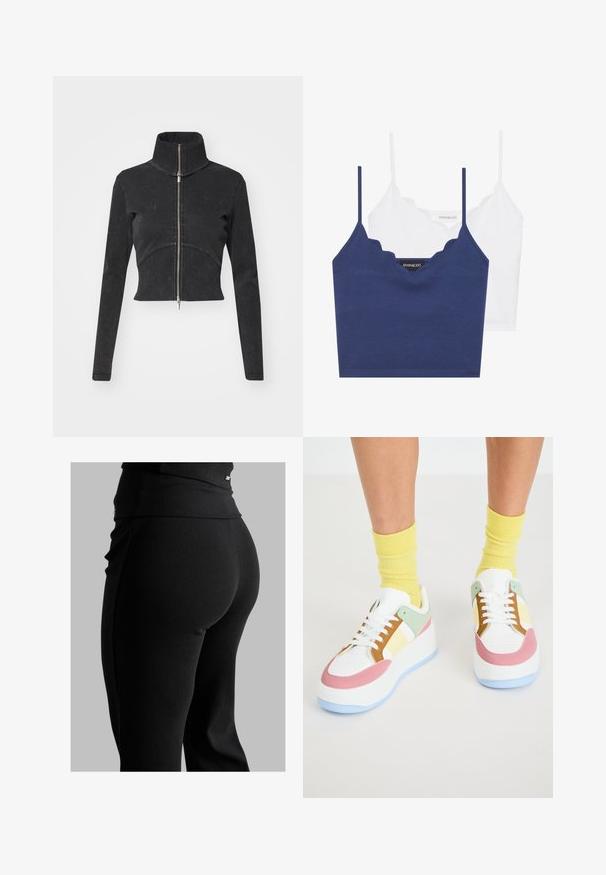 Skraćena crna traper jakna s visokim ovratnikom, punim zatvaračem i dugim rukavima. Ima dizajn zakrivljenih šavova i suptilnu teksturu.; Set od pamuka u mornarsko plavoj i bijeloj boji s valovitim izrezom, tankim podesivim naramenicama i prilegajućim dizajnom. Oznaka s logotipom na unutarnjoj strani mornarsko plavog dijela.; Crne rebraste tajice s visokim pojasom, oblikom koji se lijepo prilagođava tijelu i glatkom teksturom. Uključuju diskretan detalj od hardvera na pojasu.; Bijele tenisice s pastelnim naglascima u mint, ružičastoj i žutoj boji. Imaju debeli potplat, perforiranu prednju stranu i kontrastne vezice.