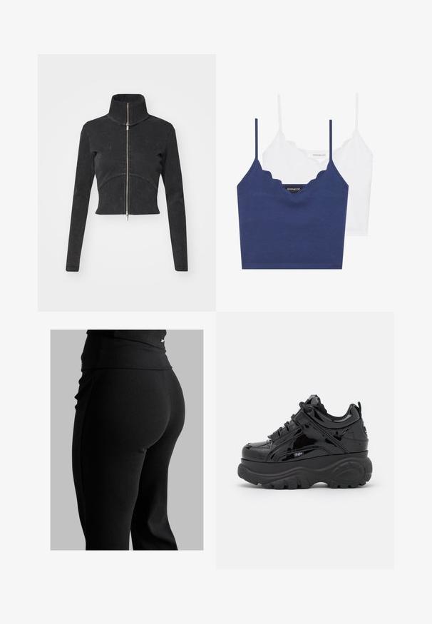 Cropped black denim jacket with a high collar, full zipper, and long sleeves. Features a curved seam design and subtle texture.; Navy and white cotton bralette set with scalloped neckline, thin adjustable straps, and a fitted design. Logo tag on inner side of the navy piece.; Black ribbed leggings featuring a high waistband, form-fitting shape, and smooth texture. Includes subtle hardware detail on waistband.; Black platform sneakers with a shiny patent finish, featuring thick rubber soles, lace-up design, and logo detail on the side.