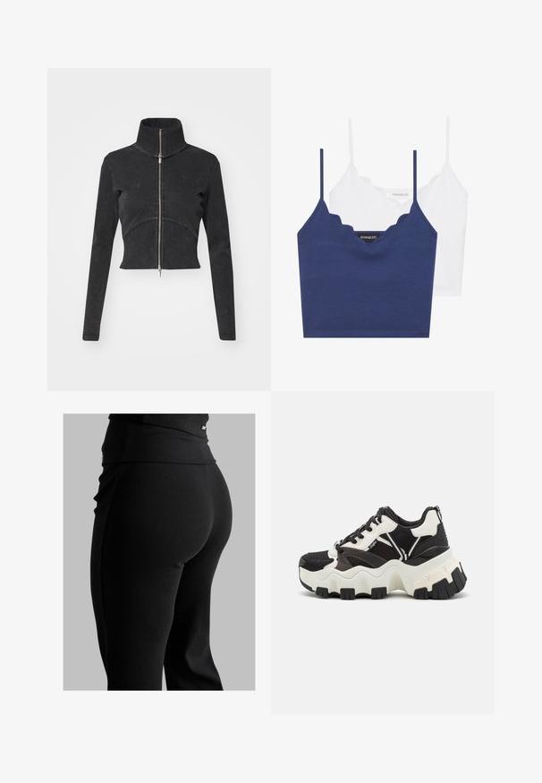 Lühendatud must denimpusa kõrge kraega, täispikkuse tõmblukuga ja pikkade varrukatega. Omab kõverat õmbluse disaini ja peent tekstuuri.; Sinine ja valge puuvillane rinnahoidja komplekt, millel on laineline kaelus, õhukesed reguleeritavad rihmad ja istuv disain. Logo silt sinise detaili sisepinnal.; Mustad ribatöötlusega retuusid, millel on kõrge vöökoht, keha lähedane lõige ja sile tekstuur. Vöökoht sisaldab peent riistvara detaili.; Gajad sokid mustast võrkkangast, valgete sünteetiliste detailidega ja paksu valge tallaga, millel on must kummist mustriosa.