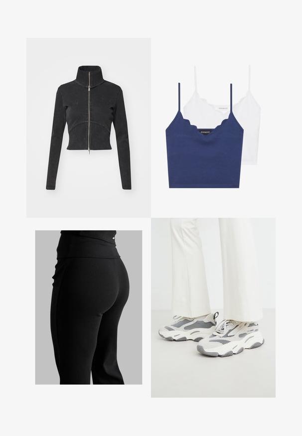 Geschnittene schwarze Jeansjacke mit hohem Kragen, vollem Reißverschluss und langen Ärmeln. Verfügt über ein gewelltes Nahtdesign und subtile Textur.; Marineblaues und weißes Baumwoll-Bralette-Set mit gewelltem Ausschnitt, dünnen verstellbaren Trägern und tailliertem Design. Logotag auf der Innenseite des marineblauen Teils.; Schwarze, gerippte Leggings mit hohem Bund, figurbetonter Form und glatter Textur. Mit dezentem Hardware-Detail am Bund.; Bequeme athletische Sneaker in Hellgrau, bestehend aus einer Mischung aus Mesh- und Textilmaterialien, mit gemusterten Akzenten und einer dicken Gummisohle.