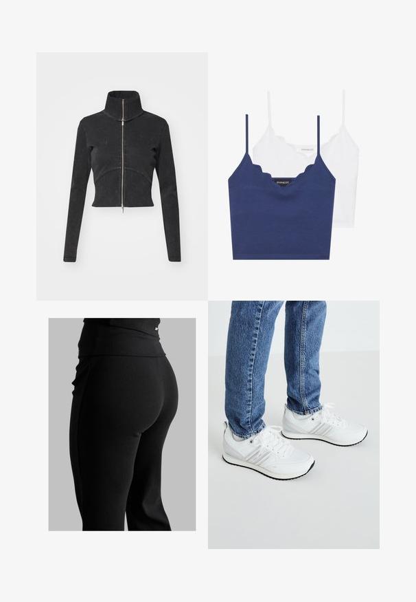 Skraćena crna traper jakna s visokim ovratnikom, punim zatvaračem i dugim rukavima. Ima dizajn zakrivljenih šavova i suptilnu teksturu.; Set od pamuka u mornarsko plavoj i bijeloj boji s valovitim izrezom, tankim podesivim naramenicama i prilegajućim dizajnom. Oznaka s logotipom na unutarnjoj strani mornarsko plavog dijela.; Crne rebraste tajice s visokim pojasom, oblikom koji se lijepo prilagođava tijelu i glatkom teksturom. Uključuju diskretan detalj od hardvera na pojasu.; Bijele sportske tenisice s glatkom teksturom, s tri paralelne pruge, vezicama i crnim gumenim potplatom. Nosi se s plavim trapericama.