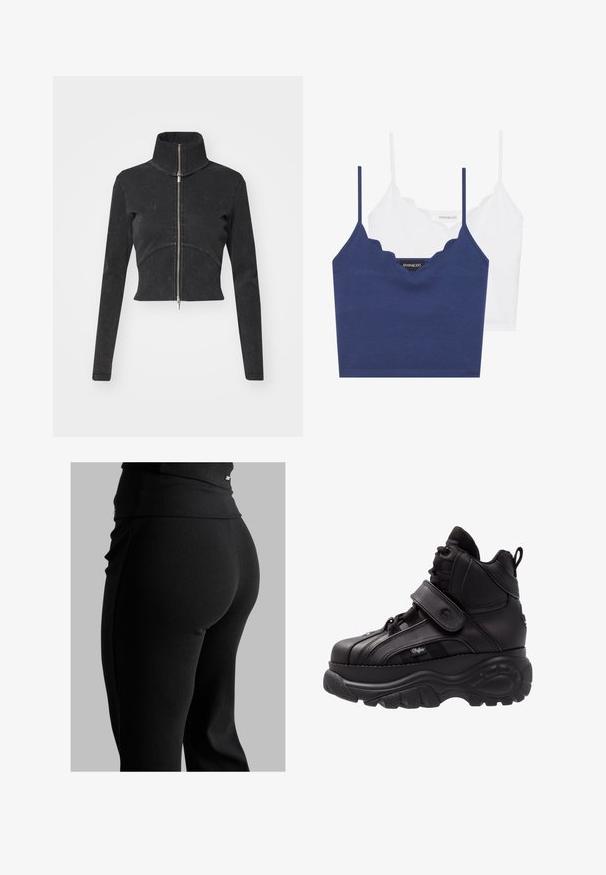 Skraćena crna traper jakna s visokim ovratnikom, punim zatvaračem i dugim rukavima. Ima dizajn zakrivljenih šavova i suptilnu teksturu.; Set od pamuka u mornarsko plavoj i bijeloj boji s valovitim izrezom, tankim podesivim naramenicama i prilegajućim dizajnom. Oznaka s logotipom na unutarnjoj strani mornarsko plavog dijela.; Crne rebraste tajice s visokim pojasom, oblikom koji se lijepo prilagođava tijelu i glatkom teksturom. Uključuju diskretan detalj od hardvera na pojasu.; Crne visoke tenisice s debelim gumenim potplatom, kožnom gornjom dijelom, vezicama i čičak trakama, te teksturiranim detaljima na bočnim panelima.