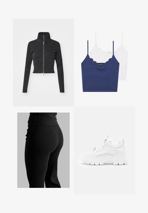 Przycięta czarna kurtka dżinsowa z wysokim kołnierzem, pełnym zamkiem i długimi rękawami. Posiada krzywą linię szwu i subtelną fakturę.; Niebieski i biały bawełniany zestaw biustonosza z falbaniastym dekoltem, cienkimi regulowanymi ramiączkami oraz dopasowanym krojem. Metka z logo po wewnętrznej stronie niebieskiej części.; Czarne prążkowane legginsy z wysokim stanem, dopasowanym krojem i gładką teksturą. Zawierają subtelną metalową ozdobę na pasku.; Białe, masywne sneakersy z teksturowaną cholewką, wyściełanym kołnierzem i grubą, rowkowaną podeszwą. Posiadają kontrastujące czarne sznurowadła i detal z logo.