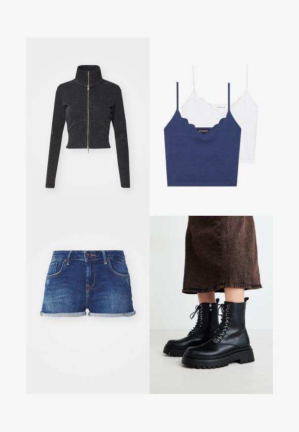 Zkrácená černá džínová bunda s vysokým límcem, plným zipem a dlouhými rukávy. Má zakřivený šev a jemnou strukturu.; Sada bavlněného braletku v námořnické modré a bílé barvě se zvlněným výstřihem, tenkými nastavitelnými ramínky a přiléhavým střihem. Hlavní značka je na vnitřní straně námořnického kousku.; Džínové šortky v tmavě modré barvě s opotřebovaným vzhledem, designem s pěti kapsami a ohrnutými manžetami. Obsahují kontrastní prošívání a zapínání na knoflík.; Černé kožené kotníkové boty s masivní podešví, šněrováním vpředu a bočním zipem. Mají stříbrné nýty a hladký povrch.