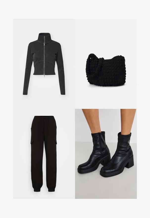 Skraćena crna traper jakna s visokim ovratnikom, punim zatvaračem i dugim rukavima. Ima dizajn zakrivljenih šavova i suptilnu teksturu.; Set od pamuka u mornarsko plavoj i bijeloj boji s valovitim izrezom, tankim podesivim naramenicama i prilegajućim dizajnom. Oznaka s logotipom na unutarnjoj strani mornarsko plavog dijela.; Crne cargo hlače opuštenog kroja, s elastičnim pojasom, vezanjem uzicom i bočnim džepovima. Izrađene od lagane tkanine.; Crne kožne gležnjače s visokim blok petama, koje imaju bočni zip, glatku teksturu i suženi oblik prsta.; Crna platnena torba s teksturiranim, kviltanim uzorkom. Okrugli oblik, kratke, debele ručke i meka, fleksibilna struktura.