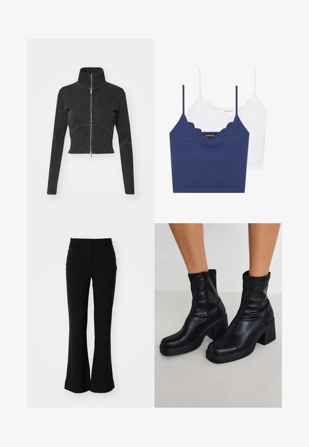 Giacca in denim nero tagliata con colletto alto, zip intera e maniche lunghe. Presenta un design a cucitura curva e una texture sottile.; Set di bralette in cotone navy e bianco con scollo a scallop, spalline sottili e design aderente. Etichetta con logo sul lato interno del pezzo navy.; Pantaloni neri a zampa d'elefante in tessuto morbido, con vita media e tasche laterali, che mostrano un design snello e una vestibilità sartoriale.; Stivali alla caviglia neri in pelle con tacco a blocco alto, dotati di una cerniera laterale, texture liscia e design a punta affusolata.