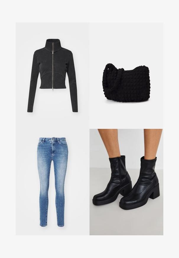 Izgriezta melna džinsu jaka ar augstu apkakli, pilnu rāvējslēdzēju un garām piedurknēm. Iezīmējas ar izliekto šuvju dizainu un smalku tekstūru.; Jūras spēku un baltā kokvilnas bralete ar viļņotu dekoltē, plānām regulējamām siksnām un pieguļošu dizainu. Zīmola birka ir uz iekšējās puses jūras spēku krāsā.; Skeletalās džinsas gaiši zilo džinsu audumā, ar klasisku piecu kabatu dizainu, pogu aizdari un nelielām izbalēšanas vietām uz augšstilbiem, lai piešķirtu tekstūru.; Melni ādas potītes zābaki ar augstu blokveida papēdi, ar sānu rāvējslēdzēju, gludu tekstūru un sašaurinātu purngalu.; Melnas auduma soma ar strukturētu, quiltotu rakstu. Apaļa forma, īsas, resnas rokturi un mīksta, elastīga konstrukcija.