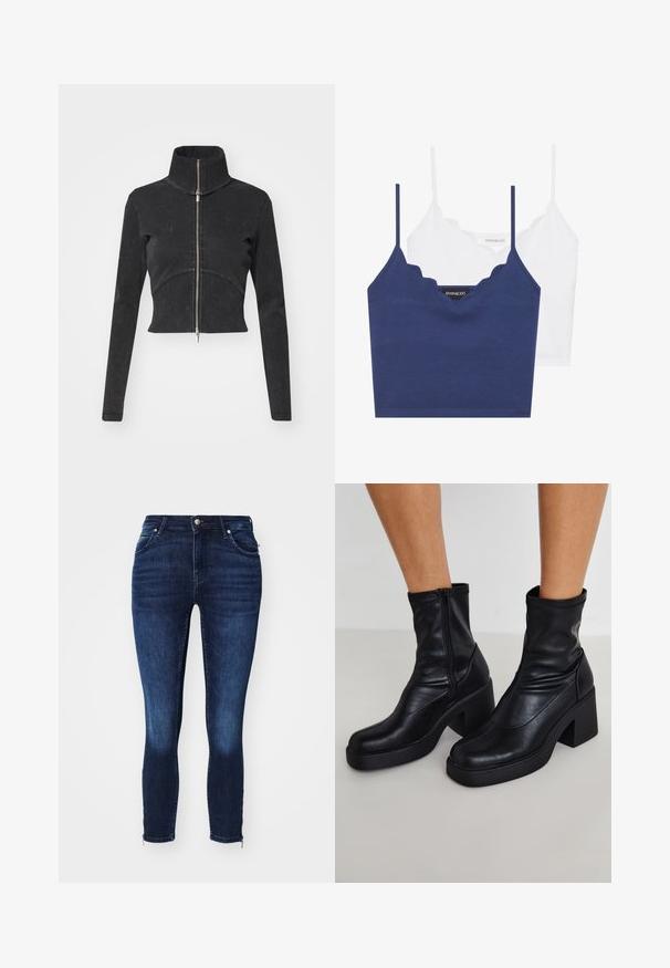 Rövidített fekete farmerdzseki magas gallérral, teljes cipzárral és hosszú ujjal. Ívelt varrásdizájn és finom textúra jellemzi.; Tengerészkék és fehér pamut melltartó szett fodrozott nyakkivágással, vékony állítható pántokkal és testhez simuló fazonnal. Logócímke a tengerészkék rész belső oldalán.; Sötétkék, skinny farmernadrág sima felülettel, világosabb elhalványulással a combokon és cipzáras díszítéssel a szegélyen. Denim anyagból készült.; Fekete bőr bokacsizma magas blokk sarkakkal, oldalsó cipzárral, sima textúrával és hegyes orrformával.
