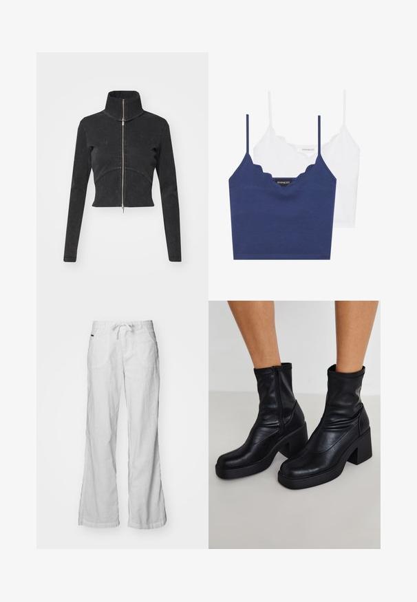 Cropped black denim jacket with a high collar, full zipper, and long sleeves. Features a curved seam design and subtle texture.; Navy and white cotton bralette set with scalloped neckline, thin adjustable straps, and a fitted design. Logo tag on inner side of the navy piece.; White linen pants with a relaxed fit, drawstring waistband, and two front pockets. Features wide legs and a subtle texture.; Black leather ankle boots with a high block heel, featuring a side zipper, smooth texture, and a tapered toe design.