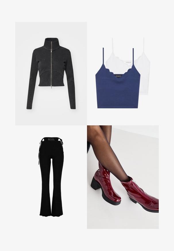 Rövidített fekete farmerdzseki magas gallérral, teljes cipzárral és hosszú ujjal. Ívelt varrásdizájn és finom textúra jellemzi.; Tengerészkék és fehér pamut melltartó szett fodrozott nyakkivágással, vékony állítható pántokkal és testhez simuló fazonnal. Logócímke a tengerészkék rész belső oldalán.; Fekete, bő szárú nadrág puha anyagból, magas derékkal, fűzős részletekkel és finom fodros szegéllyel.; Piros lakkbőr bokacsizma vastag fekete sarokkal és cipzár részlettel. Sima textúra, elegáns megjelenés lekerekített orral.