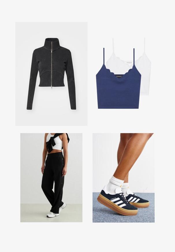 Geknipte zwarte denimjasje met hoge kraag, volledige rits en lange mouwen. Bevat een gebogen naadontwerp en subtiele textuur.; Navy en witte katoenen bralette set met een scalloped halslijn, dunne verstelbare bandjes en een aansluitend ontwerp. Logo label aan de binnenzijde van het navy stuk.; Zwarte joggingsbroek met zijknopen, elastische tailleband en twee zijzakken. De stof lijkt zacht met een gladde textuur.; Zwarte suède sneakers met witte strepen en accenten, ronde neus, gum rubberen buitenzool, gecombineerd met witte geribbelde crewkousen.