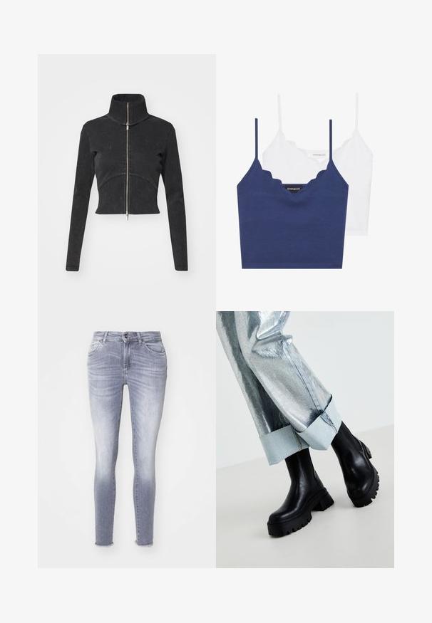 Lühendatud must denimpusa kõrge kraega, täispikkuse tõmblukuga ja pikkade varrukatega. Omab kõverat õmbluse disaini ja peent tekstuuri.; Sinine ja valge puuvillane rinnahoidja komplekt, millel on laineline kaelus, õhukesed reguleeritavad rihmad ja istuv disain. Logo silt sinise detaili sisepinnal.; Kitsad teksad heledas sinises denimis, millel on pleekinud viimistlus, viis taskut ja kulunud äär. Kergelt nähtavad õmbluse detailid kogu toote ulatuses.; Mustad musta värvi pahkluu saapad, millel on tekstuuriga tallad, kantud hõbedast metallik коттаў pükstega, millel on helesinine äär. Minimalistlik disain, elegantne materjal.