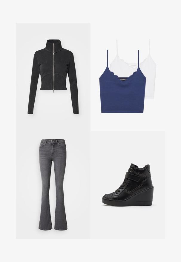 Rövidített fekete farmerdzseki magas gallérral, teljes cipzárral és hosszú ujjal. Ívelt varrásdizájn és finom textúra jellemzi.; Tengerészkék és fehér pamut melltartó szett fodrozott nyakkivágással, vékony állítható pántokkal és testhez simuló fazonnal. Logócímke a tengerészkék rész belső oldalán.; Szürke trapéznadrág, amely magas derékkal, gombos záródással, öt zsebbel és finom varrási részletekkel rendelkezik. Simaságával kényeztető farmer anyagból készült.; Fekete magas szárú wedge sportcipők sima bőrből, fűzős elülettel, állítható pánttal és díszes cipzár részletekkel.