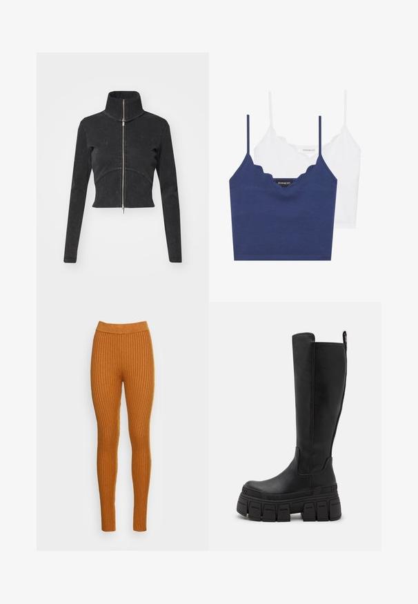 Geknipte zwarte denimjasje met hoge kraag, volledige rits en lange mouwen. Bevat een gebogen naadontwerp en subtiele textuur.; Navy en witte katoenen bralette set met een scalloped halslijn, dunne verstelbare bandjes en een aansluitend ontwerp. Logo label aan de binnenzijde van het navy stuk.; Geribbelde legging in een warme oranje tint, met een hoge tailleband. Gemaakt van een zachte stof met verticale textuur, biedt een aansluitende fit.; Buffalo GOSPHER STRETCH BOOT - Plateaulaarzen - black