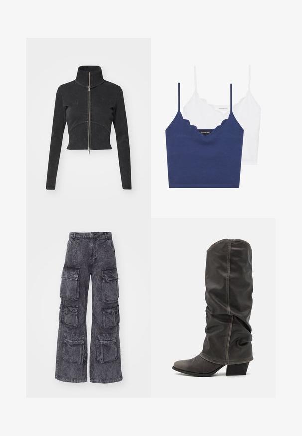 Geschnittene schwarze Jeansjacke mit hohem Kragen, vollem Reißverschluss und langen Ärmeln. Verfügt über ein gewelltes Nahtdesign und subtile Textur.; Marineblaues und weißes Baumwoll-Bralette-Set mit gewelltem Ausschnitt, dünnen verstellbaren Trägern und tailliertem Design. Logotag auf der Innenseite des marineblauen Teils.; Alpha Industries MULTIPOCKET PANT - Cargohose - black; Graue Lederstiefel bis zur Wade mit einem lässigen Design, spitzer Zehenform und gestapelt Hohem Absatz. Auffällige Nähte im Bereich der Zehen.