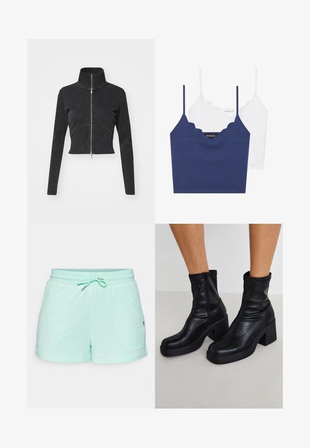 Pasukta juoda džinsinė striukė su aukšta apykakle, visišku užtrauktuku ir ilgomis rankovėmis. Pasižymi kreivų siūlių dizainu ir subtiliu tekstūriškumu.; Tamsiai mėlynas ir baltas medvilninis braletės komplektas su banguotu iškirpimu, plonomis reguliuojamomis petnešėlėmis ir prigludusia siluetu. Logotipo etiketė vidinėje tamsiai mėlynos dalies pusėje.; Šviesiai žali šortai, pagaminti iš minkštos medžiagos, su reguliuojama juostos raišteliu, dviem šoninėmis kišenėmis ir subtiliais siuvinėjimo akcentais.; Juodos odinės kotarinės botinai su aukštu blokuotu kulnu, šonu užtrauktuku, lygiu paviršiumi ir siaurėjantįjį plyšį dizainu.