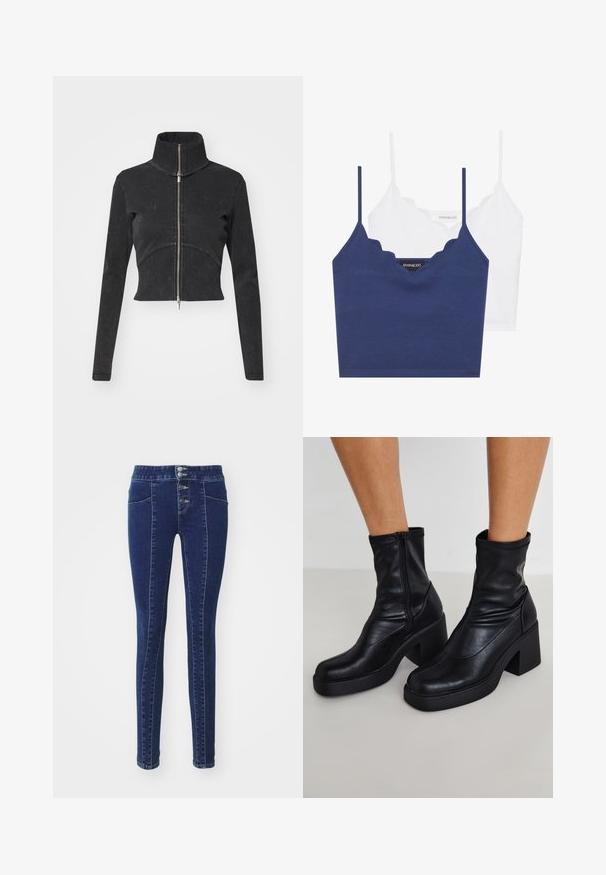 Skraćena crna traper jakna s visokim ovratnikom, punim zatvaračem i dugim rukavima. Ima dizajn zakrivljenih šavova i suptilnu teksturu.; Set od pamuka u mornarsko plavoj i bijeloj boji s valovitim izrezom, tankim podesivim naramenicama i prilegajućim dizajnom. Oznaka s logotipom na unutarnjoj strani mornarsko plavog dijela.; Tamno plave traperice s visokim strukom, zatvaranjem na pet dugmadi, dva prednja džepa i uskim krojem. Glatka tekstura.; Crne kožne gležnjače s visokim blok petama, koje imaju bočni zip, glatku teksturu i suženi oblik prsta.