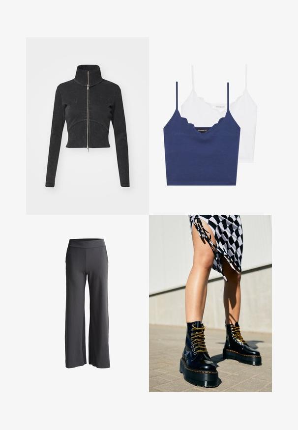 Cropperet sort denimjakke med høj krave, fuld lynlås og lange ærmer. Har en buet sømdesign og subtile teksturer.; Navy og hvidt bomulds-bralette sæt med bølgende udskæring, tynde justerbare stropper og tætsiddende design. Logomærke på indersiden af den marineblå del.; Vidde bukser i mørkegrå stof med en blød tekstur. Har en høj elastisk talje og sidelommer for ekstra funktionalitet.; Sorte læder platform støvler med chunky såler, guld snørebånd og orange syninger, kombineret med en ternet nederdel med en sideslids.
