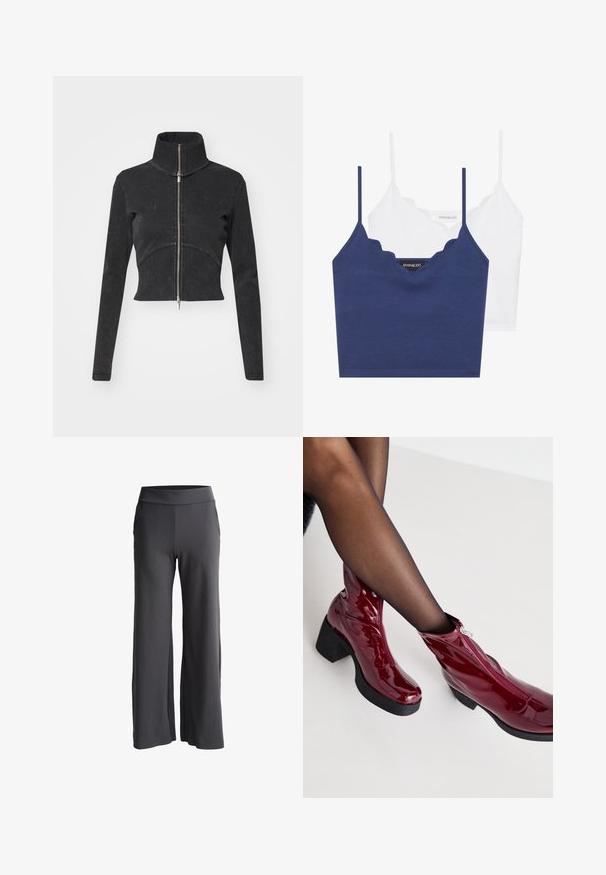 Cropped black denim jacket with a high collar, full zipper, and long sleeves. Features a curved seam design and subtle texture.; Navy and white cotton bralette set with scalloped neckline, thin adjustable straps, and a fitted design. Logo tag on inner side of the navy piece.; Wide-leg pants in dark gray fabric with a soft texture. Features a high elastic waistband and side pockets for added functionality.; Red patent leather ankle boots with a chunky black heel and zipper detail. Smooth texture, sleek design with a rounded toe.