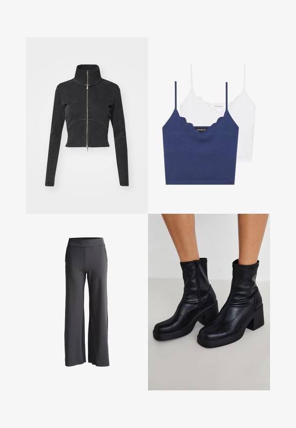 Geknipte zwarte denimjasje met hoge kraag, volledige rits en lange mouwen. Bevat een gebogen naadontwerp en subtiele textuur.; Navy en witte katoenen bralette set met een scalloped halslijn, dunne verstelbare bandjes en een aansluitend ontwerp. Logo label aan de binnenzijde van het navy stuk.; Wijdvallende broek van donkergrijze stof met een zachte textuur. Voorzien van een hoge elastische tailleband en zijzakken voor extra functionaliteit.; Zwarte leren enkellaarsjes met een hoge blokhak, voorzien van een zijrits, een zachte textuur en een taps toelopende tekening.