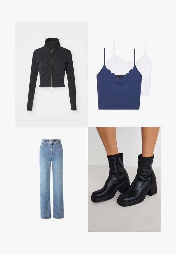Izgriezta melna džinsu jaka ar augstu apkakli, pilnu rāvējslēdzēju un garām piedurknēm. Iezīmējas ar izliekto šuvju dizainu un smalku tekstūru.; Jūras spēku un baltā kokvilnas bralete ar viļņotu dekoltē, plānām regulējamām siksnām un pieguļošu dizainu. Zīmola birka ir uz iekšējās puses jūras spēku krāsā.; Gaiši zili augsto vidukli džinsi, izgatavoti no denima, ar taisnas kājas dizainu, piecām kabatām un metāla pogas aizdari.; Melni ādas potītes zābaki ar augstu blokveida papēdi, ar sānu rāvējslēdzēju, gludu tekstūru un sašaurinātu purngalu.