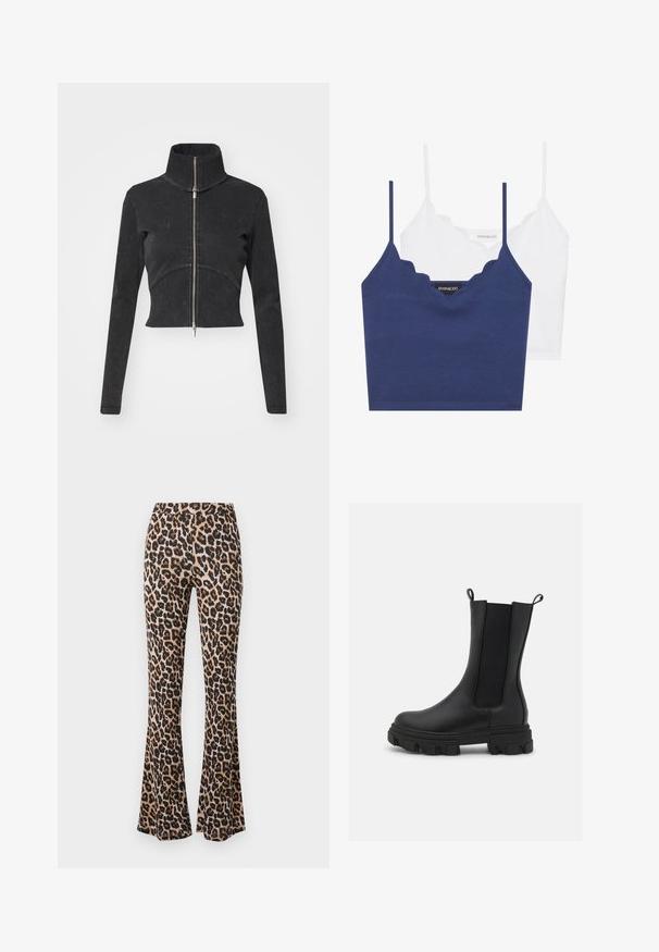 Jaqueta de denim preta cortada com colarinho alto, fecho de correia completo e mangas longas. Apresenta um design de costura curva e uma textura sutil.; Conjunto de bralette em algodão azul-marinho e branco com decote rendado, alças finas ajustáveis e um design ajustado. Etiqueta com logótipo no lado interno da peça azul-marinha.; Calças em estampado de leopardo, em tom castanho e preto, feitas de um tecido suave com uma textura lisa, apresentando uma cintura ajustada e bainha aberta.; Bota Chelsea preta feita de couro e tecido elástico, com um solado de borracha grosso com tãoques proeminentes e abas para facilitar o calçar.