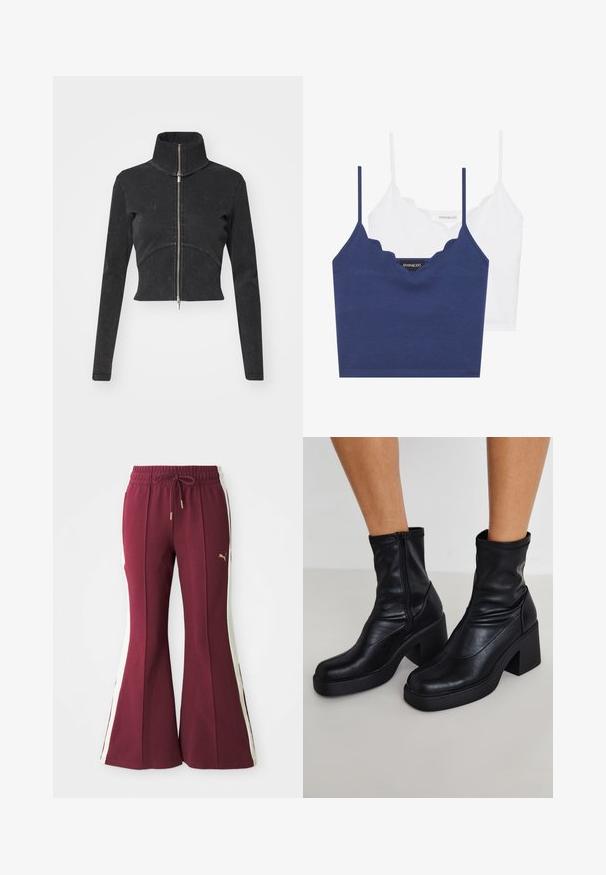 Veste en denim noir coupée avec un col haut, une fermeture éclair complète et des manches longues. Présente un design à couture courbée et une texture subtile.; Ensemble de bralette en coton marine et blanc avec un décolleté festonné, des bretelles fines et ajustables, et une coupe ajustée. Étiquette logo sur le côté intérieur de la pièce marine.; Pantalons évasés bordeaux avec des rayures blanches sur les côtés, taille à cordon de serrage et marquage doré. Tissu doux avec une finition texturée et des jambes fuselées.; Bottines noires en cuir avec un haut talon carré, dotées d'une fermeture éclair sur le côté, d'une texture lisse et d'un design de pointe effilée.