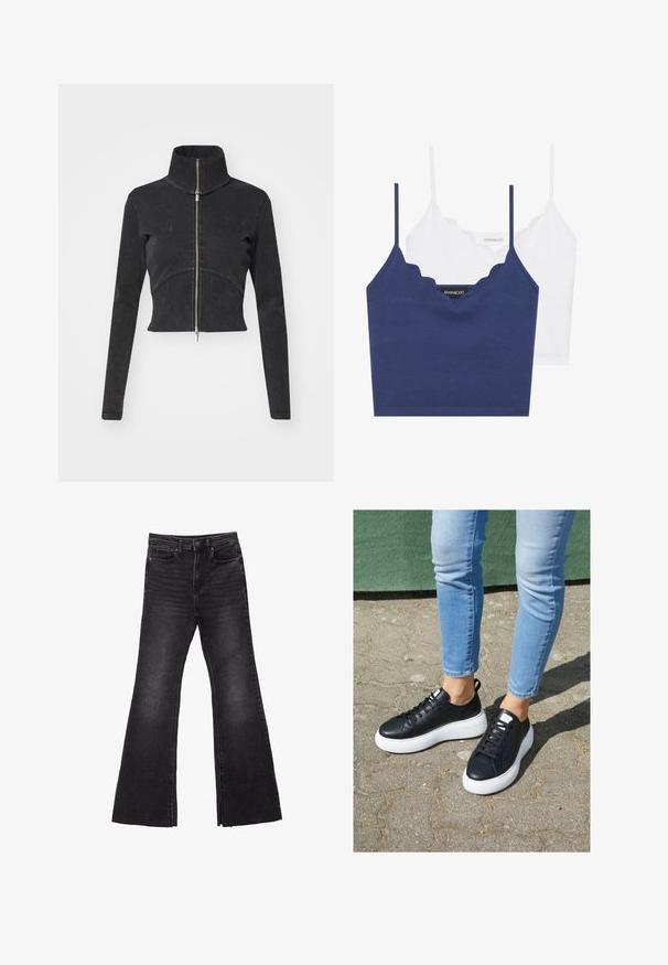 Veste en denim noir coupée avec un col haut, une fermeture éclair complète et des manches longues. Présente un design à couture courbée et une texture subtile.; Ensemble de bralette en coton marine et blanc avec un décolleté festonné, des bretelles fines et ajustables, et une coupe ajustée. Étiquette logo sur le côté intérieur de la pièce marine.; Jean en denim noir évasé avec une ourlet brut, présentant un design à cinq poches et une fermeture à bouton. Confectionné dans un tissu robuste et texturé.; Baskets en cuir noir avec semelles en caoutchouc blanc, présentant une finition lisse, un bout arrondi et des lacets plats. Portées avec un jean bleu clair.