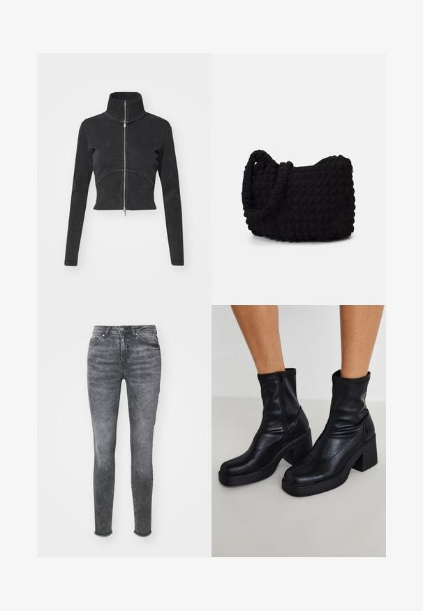 Izgriezta melna džinsu jaka ar augstu apkakli, pilnu rāvējslēdzēju un garām piedurknēm. Iezīmējas ar izliekto šuvju dizainu un smalku tekstūru.; Jūras spēku un baltā kokvilnas bralete ar viļņotu dekoltē, plānām regulējamām siksnām un pieguļošu dizainu. Zīmola birka ir uz iekšējās puses jūras spēku krāsā.; Tievās džinsos ar izbalējušu pelēku krāsu, kuriem ir augsta jostasvieta, pogu aizdare un nolietota apakšmala. Izgatavoti no džinsa auduma ar smalkām tekstūras variācijām.; Melni ādas potītes zābaki ar augstu blokveida papēdi, ar sānu rāvējslēdzēju, gludu tekstūru un sašaurinātu purngalu.; Melnas auduma soma ar strukturētu, quiltotu rakstu. Apaļa forma, īsas, resnas rokturi un mīksta, elastīga konstrukcija.; Septi sudraba gredzeni ar dažādām dizaina iezīmēm, ieskaitot savītas, savienotas un iegravētas formas. Atšķirīgas formas un platumi.