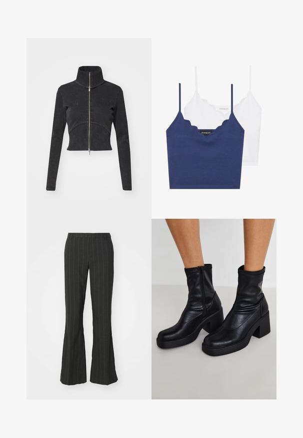 Veste en denim noir coupée avec un col haut, une fermeture éclair complète et des manches longues. Présente un design à couture courbée et une texture subtile.; Ensemble de bralette en coton marine et blanc avec un décolleté festonné, des bretelles fines et ajustables, et une coupe ajustée. Étiquette logo sur le côté intérieur de la pièce marine.; Pantalons noirs évasés avec des rayures verticales blanches, dotés d'une taille ajustée et d'un tissu lisse et texturé.; Bottines noires en cuir avec un haut talon carré, dotées d'une fermeture éclair sur le côté, d'une texture lisse et d'un design de pointe effilée.