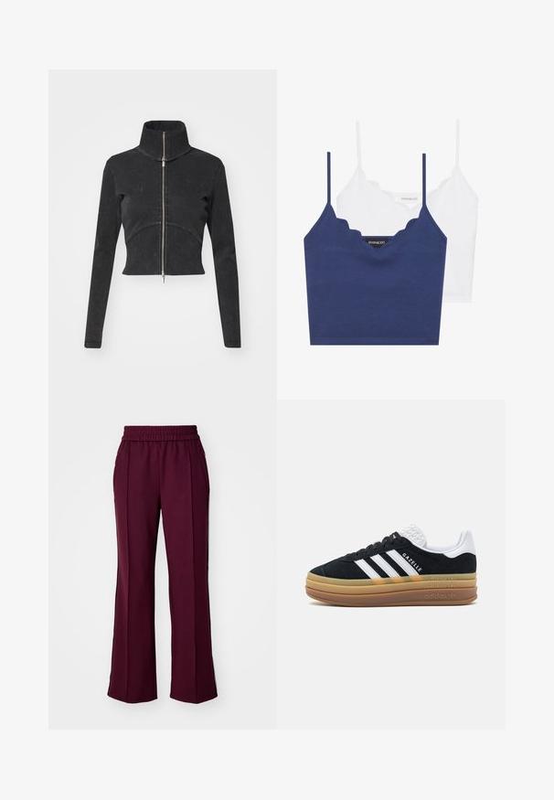 Skrajšana črna denim jakna z visokim ovratnikom, polnim zadrgo in dolgimi rokavi. Ima oblikovan šiv in subtilno teksturo.; Mornarsko modra in bela bombažna modra braletka z valovitim dekoltejem, tankimi nastavljivimi naramnicami in prilegajočim dizajnom. Oznaka z logotipom na notranji strani mornarsko modrega kosa.; Bordo široke hlače z elastiko v pasu, stranskimi žepi in kontrastnimi črnimi stranskimi črtami. Gladka tkanina z blagim sijajem.; Črne semiš superge z belimi detajli in tremi črtami, ki imajo strukturo bele pete, gumijast podplat in blagovno znamko "Gazelle".