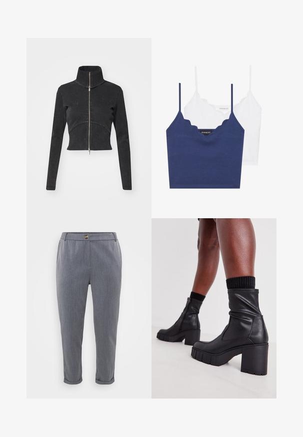 Kappet svart denimjakke med høy krage, hel glidelås og lange ermer. Har buet sømdesign og subtil tekstur.; Marineblå og hvit bomull brystholder-sett med scallop-kant, tynne justerbare stropper og en kroppsnær passform. Logomerke på innsiden av den marineblå delen.; Grå skreddersydde bukser med en jevn, vevd tekstur, oppbrettede nederkanter, frontlommer og knappelukking i midjen.; Sorte skinn ankelsko med et slitt design, kraftig høy hæl og teksturert gummisåle. Har glidelås på siden.