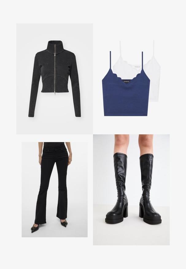 Cropped black denim jacket with a high collar, full zipper, and long sleeves. Features a curved seam design and subtle texture.; Navy and white cotton bralette set with scalloped neckline, thin adjustable straps, and a fitted design. Logo tag on inner side of the navy piece.; Black flared jeans with a sleek fit, five-pocket design, and subtle stitching. Made of denim, featuring a mid-rise waist.; Black knee-high boots made of smooth leather, featuring a thick platform and block heel, with stitched detailing along the edges.