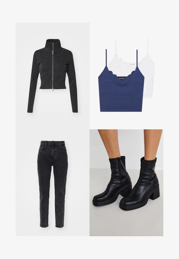 Avskuren svart denimjacka med hög krage, hel dragkedja och långa ärmar. Har en design med böjda sömmar och subtil textur.; Navy och vit bomull-bra med vågkantad halsringning, tunna justerbara axelband och en figursydd design. Logotag på insidan av den marinblå delen.; Höga svarta denimjeans med en lätt blekt finish, tapered ben, femfickorsdesign och metallknappstängning.; Svarta läderankelboots med hög klack, med en sidodragkedja, slät yta och en avsmalnande tådesign.