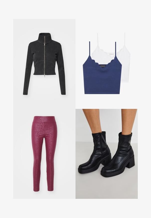 Chaqueta de denim negro cortada con cuello alto, cremallera completa y mangas largas. Presenta un diseño de costura curvada y una textura sutil.; Conjunto de bralette de algodón en navy y blanco con escote en forma de ondas, tirantes delgados ajustables y un diseño ajustado. Etiqueta de logo en el lado interior de la pieza navy.; Leggings ajustados de color burdeos con un patrón de estampado de leopardo texturizado, con una cintura alta y un acabado suave.; Botas de tobillo de cuero negro con un alto tacón cuadrado, con cremallera lateral, textura suave y diseño de punta afinada.