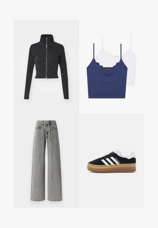 Cropped black denim jacket with a high collar, full zipper, and long sleeves. Features a curved seam design and subtle texture.; Navy and white cotton bralette set with scalloped neckline, thin adjustable straps, and a fitted design. Logo tag on inner side of the navy piece.; Wide-leg gray jeans made of denim, featuring a front tie closure, two side pockets, and a faded wash. Clean design with minimal stitching.; Black suede sneaker with white accents and three stripes, featuring a textured white heel, rubber sole, and "Gazelle" branding.