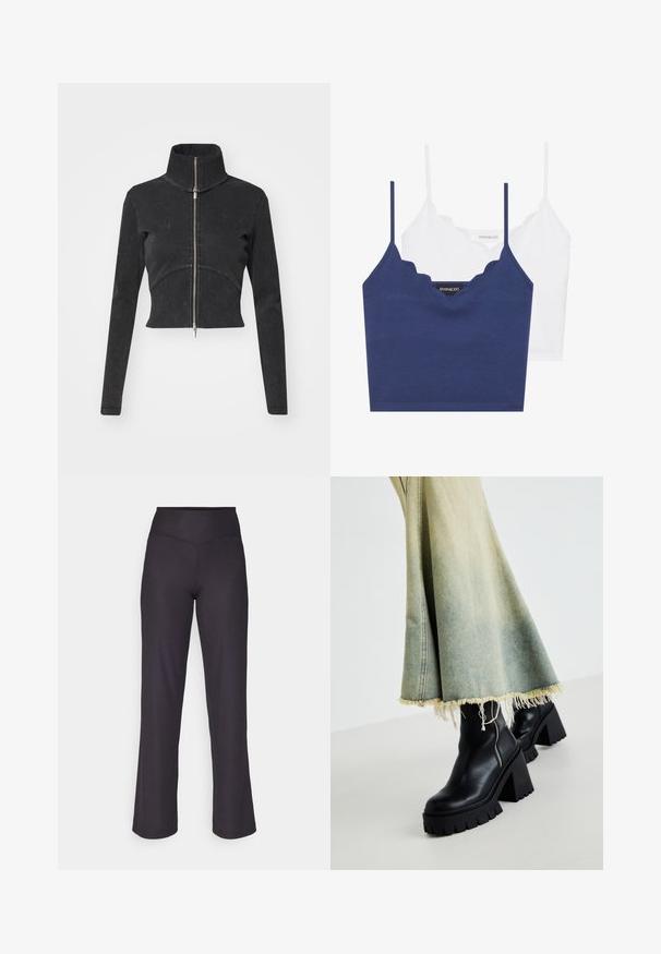 Rövidített fekete farmerdzseki magas gallérral, teljes cipzárral és hosszú ujjal. Ívelt varrásdizájn és finom textúra jellemzi.; Tengerészkék és fehér pamut melltartó szett fodrozott nyakkivágással, vékony állítható pántokkal és testhez simuló fazonnal. Logócímke a tengerészkék rész belső oldalán.; Fekete bordázott, bő szárú nadrág magas, rugalmas derékkal, sima felülettel és tiszta varrásokkal a karcsú megjelenésért.; Fekete bőr bokacsizmák, vastag, textúrált talppal, elnyűtt farmer szoknyával párosítva, amelynek szélén foszlott részletek találhatók. Oldalt cipzáras részlet.