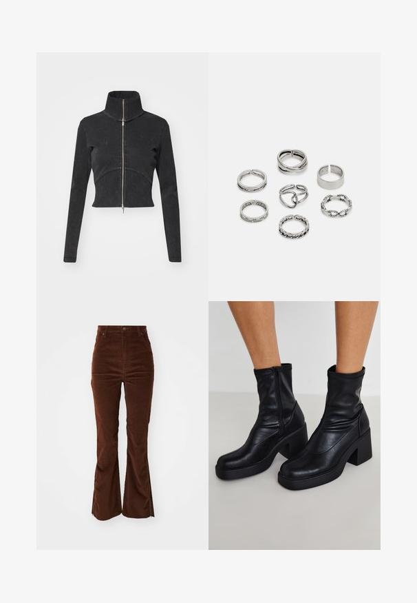 Zkrátená čierna denimová bunda s vysokým golierom, plným zipsom a dlhými rukávmi. Obsahuje zakrivený ševový dizajn a jemnú textúru.; Tričko bez rukávov v mätovej zelenej, čiernej a béžovej farbe; vyrobené z rebrovanej tkaniny s okrúhlym výstrihom. Viditeľná značka značky.; Vysoké hnedé manžestrové nohavice so prednými vreckami a rozšírenými nohavicami s zipsami pozdĺž vonkajších švov.; Čierne kožené členkové čižmy s vysokým blokovým podpätkom, s bočným zipsom, hladkou textúrou a zúženým dizajnom špičky.; Sada siedmich strieborných prsteňov s rôznymi dizajnmi, vrátane skrútených, prepojených a gravírovaných vzorov. Rôzne tvary a šírky.