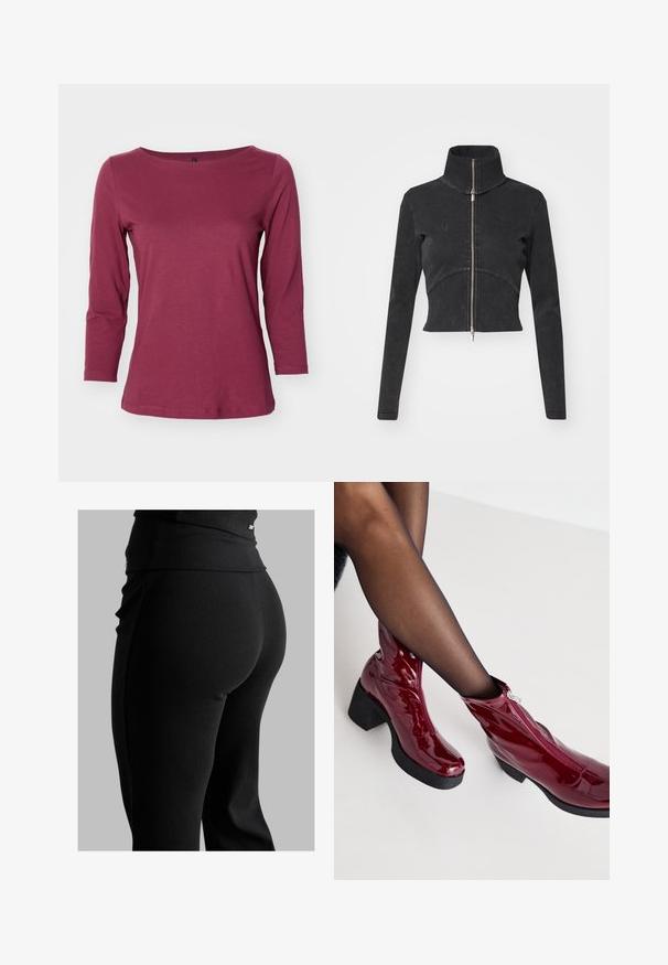 Kappet svart denimjakke med høy krage, hel glidelås og lange ermer. Har buet sømdesign og subtil tekstur.; ONLY ONLFIFI BOX - Topper langermet - burgundy; Svarte ribbede leggings med høy midje, tilpasset fasong og glatt tekstur. Inkluderer diskret hardware-detalj på midjebåndet.; Røde lakkankelstøvler med en kraftig svart hel og glidelåsdetalj. Glatt tekstur, strømlinjeformet design med rund tå.