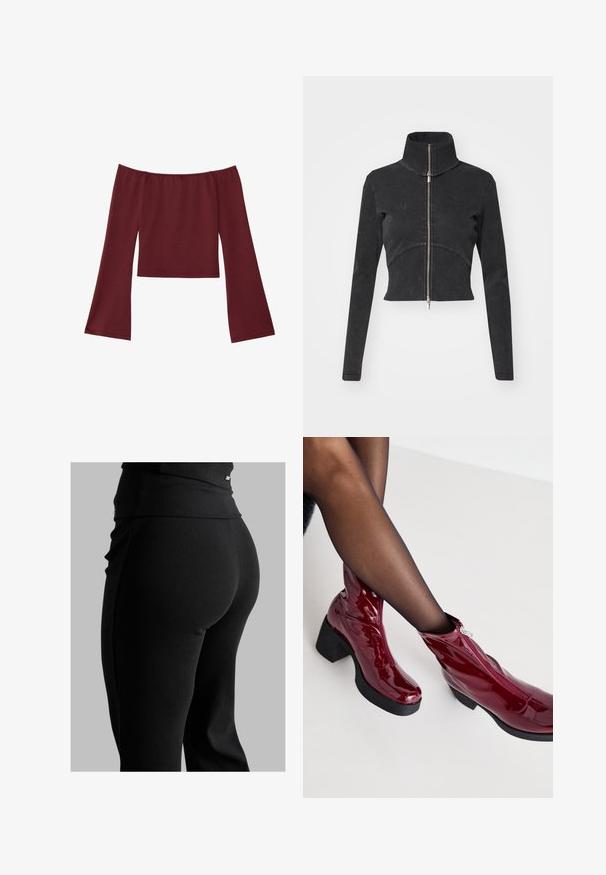 Lühendatud must denimpusa kõrge kraega, täispikkuse tõmblukuga ja pikkade varrukatega. Omab kõverat õmbluse disaini ja peent tekstuuri.; Sügavale burgundia värvi avatud õlgadega lühike topp, millel on pikad, laiad kellavarjukesed ja sirge kaelus.; Mustad ribatöötlusega retuusid, millel on kõrge vöökoht, keha lähedane lõige ja sile tekstuur. Vöökoht sisaldab peent riistvara detaili.; Punane patendinahast pahkluu saapad, millel on jäme must konts ja luku detail. Sile tekstuur, nõtke disain ja ümmargune nina.