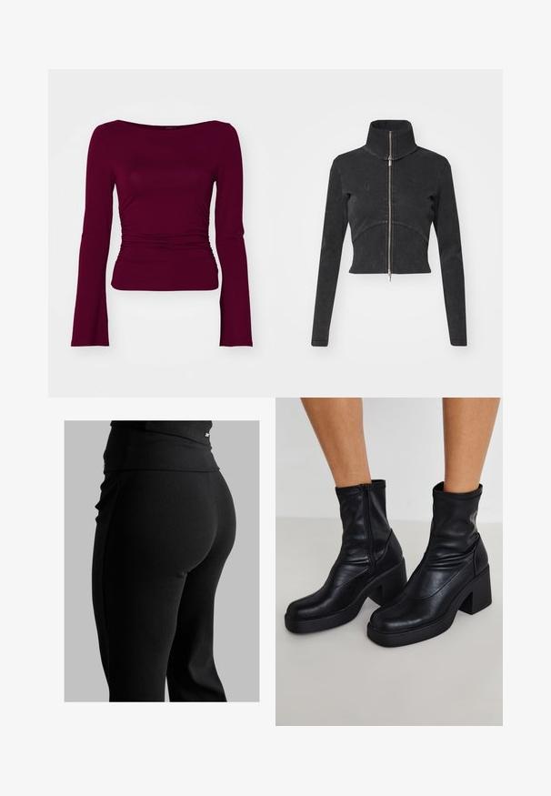 Lühendatud must denimpusa kõrge kraega, täispikkuse tõmblukuga ja pikkade varrukatega. Omab kõverat õmbluse disaini ja peent tekstuuri.; Gina Tricot SOFT TOUCH BOATNECK TOP - Pikkade varrukatega topp - zinfandel; Mustad ribatöötlusega retuusid, millel on kõrge vöökoht, keha lähedane lõige ja sile tekstuur. Vöökoht sisaldab peent riistvara detaili.; Mustad mustad nahast jalatsis dõst üheste plokkniski, külje lukuga, sileda tekstuuri ja kitseneva varbaga disainiga.