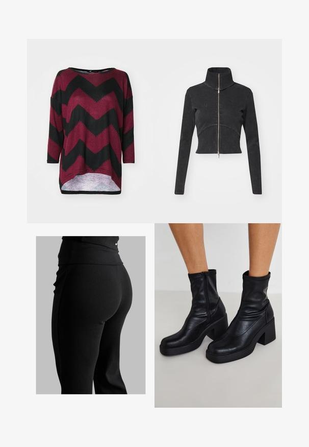 Pasukta juoda džinsinė striukė su aukšta apykakle, visišku užtrauktuku ir ilgomis rankovėmis. Pasižymi kreivų siūlių dizainu ir subtiliu tekstūriškumu.; Raudonas ir juodas chevron rašto per didelis marškinis su laivų iškirpte, trijų ketvirčių rankovėmis ir aukštu-žemu hemu. Minkšta mezgimo medžiaga.; Juodos su veliūro raštuodžiais antblauzdžiai su aukšta juosmens juostele, prilimpa prie kūno ir turi lygų paviršių. Juosmens juostoje yra subtili detalė.; Juodos odinės kotarinės botinai su aukštu blokuotu kulnu, šonu užtrauktuku, lygiu paviršiumi ir siaurėjantįjį plyšį dizainu.