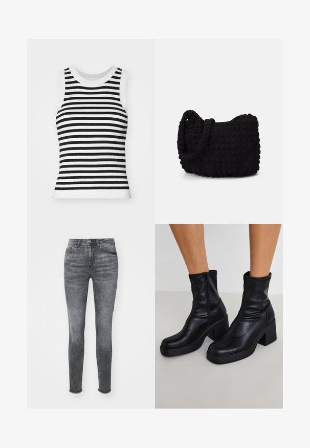 Lyhyeksi leikattu musta farkkutakki, jossa on korkea kaulus, täysipitkä vetoketju ja pitkät hihat. Siinä on kaareva saumakuviointi ja hienovarainen tekstuuri.; Ribattu kudottu ilman hihoja oleva paita, jossa on mustavalkoisia vaakaraitoja, pyöreä pääntie ja tiukka siluetti.; Kapea farkut haalistuneessa harmaassa värissä, korkea vyötärö, nappikiinnitys ja kulutettu helma. Valmistettu farkkukankaasta, jossa on hienovaraisia tekstuurivaihteluita.; Mustat nahkaiset nilkkapopot, joissa on korkea lohkareinen korko, sivuvetoketju, sileä pinta ja kapeneva varvassuunnittelu.; Musta kangaspussi, jossa on teksturoitu, tikkikuvio. Pyöreä muoto, lyhyet, paksut kahvat ja pehmeä, joustava rakenne.; Setti seitsemän hopeasormusta, joissa on erilaisia muotoiluja, kuten kierrettyjä, linkitettyjä ja kaiverruksilla varustettuja kuvioita. Eri muotoja ja leveydet.