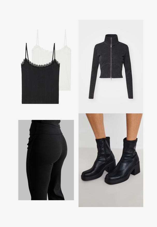 Geschnittene schwarze Jeansjacke mit hohem Kragen, vollem Reißverschluss und langen Ärmeln. Verfügt über ein gewelltes Nahtdesign und subtile Textur.; Zwei Camisoles in Schwarz und Weiß. Beide sind mit Spitzenbesatz am Ausschnitt und dünnen verstellbaren Trägern versehen und bestehen aus einem strukturierten, gerippten Stoff.; Schwarze, gerippte Leggings mit hohem Bund, figurbetonter Form und glatter Textur. Mit dezentem Hardware-Detail am Bund.; Schwarze Leder-Ankle-Boots mit hohem Blockabsatz, seitlichem Reißverschluss, glatter Textur und spitz zulaufendem Design.
