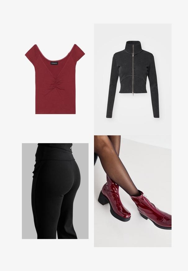 Skrajšana črna denim jakna z visokim ovratnikom, polnim zadrgo in dolgimi rokavi. Ima oblikovan šiv in subtilno teksturo.; Mauve prilegajoča majica s kratkimi rokavi, okroglim izrezom, nabranim osrednjim detajlom in valovitim zaključkom ob izrezu in rokavih.; Črne rebraste leggins hlače z visokim pasom, obliko, ki se prilega telesu, in gladko teksturo. Vključujejo subtilne podrobnosti z dodatno opremo na pasu.; Rdeče lakirane gležnjarje s črnimi debelimi petami in zadrgo. Gladka tekstura, eleganten dizajn z zaobljenim nosom.