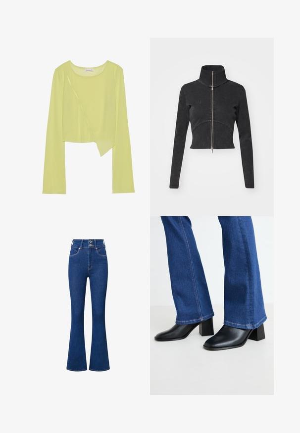 Przycięta czarna kurtka dżinsowa z wysokim kołnierzem, pełnym zamkiem i długimi rękawami. Posiada krzywą linię szwu i subtelną fakturę.; Limonkowa, długorękawowa bluzka crop z okrągłym dekoltem i asymetrycznym hemem. Lekka, prążkowana tekstura z dekoracyjnymi detalami w postaci przeszyć.; Jeansy w stylu dzwonów z wysokim stanem w ciemnoniebieskim dżinsie. Posiadają zapięcie na dwa guziki, kieszenie z przodu oraz subtelne przeszycia wzdłuż szwów.; Czarne skórzane buty za kostkę z kwadratowym noskiem i słupkowym obcasem, zestawione z niebieskimi dżinsowymi spodniami w stylu dzwonów z kontrastowym szwem na dole.