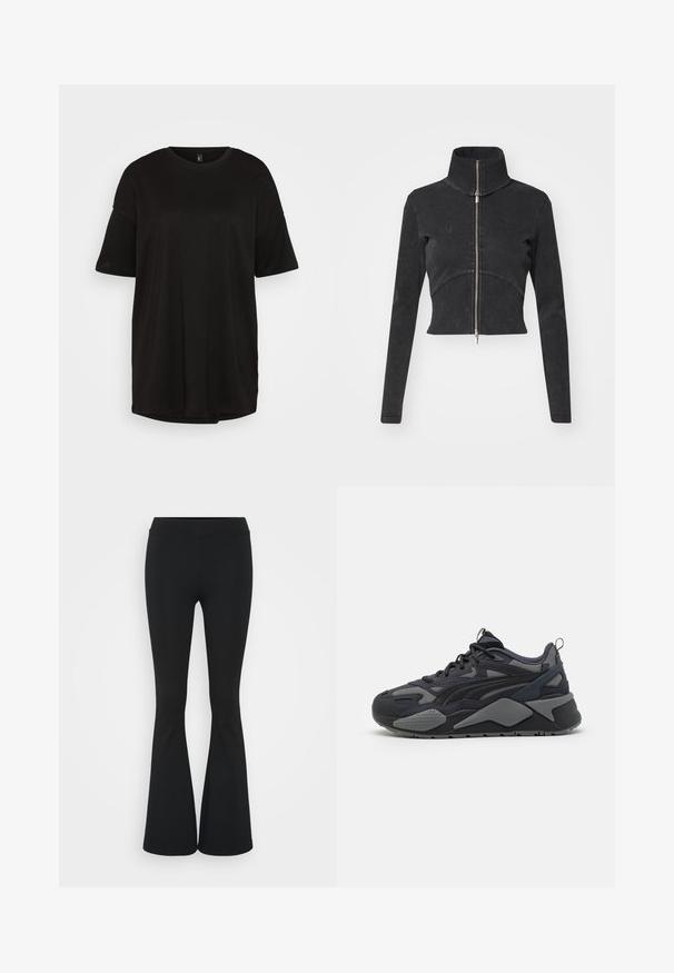 Skraćena crna traper jakna s visokim ovratnikom, punim zatvaračem i dugim rukavima. Ima dizajn zakrivljenih šavova i suptilnu teksturu.; Crna oversized majica od mekog materijala; ima kratke rukave, okrugli izrez i opušten kroj; glatka tekstura bez uzoraka.; Crne trapezaste hlače od rastezljivog materijala, sa visokim pojasom i glatkom teksturom. Hlače se šire od koljena.; Crni atletski tenisice s gornjim dijelom od mreže i tekstila s sivim detaljima, masivnim potplatom i prepoznatljivim dizajnerskim linijama.