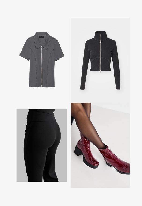 Cropperet sort denimjakke med høj krave, fuld lynlås og lange ærmer. Har en buet sømdesign og subtile teksturer.; Grå t-shirt med korte ærmer og lynlås samt bølget kant. Har ribbet tekstur og krave. Mærket hedder: even&odd.; Sorte ribbede leggings med høj talje, tætsiddende form og glat tekstur. Inkluderer subtile hardware-detaljer på taljen.; Røde ankelstøvler i patenteret læder med en kraftig sort hæl og lynlåsdetalje. Glat tekstur, elegant design med en rund tå.