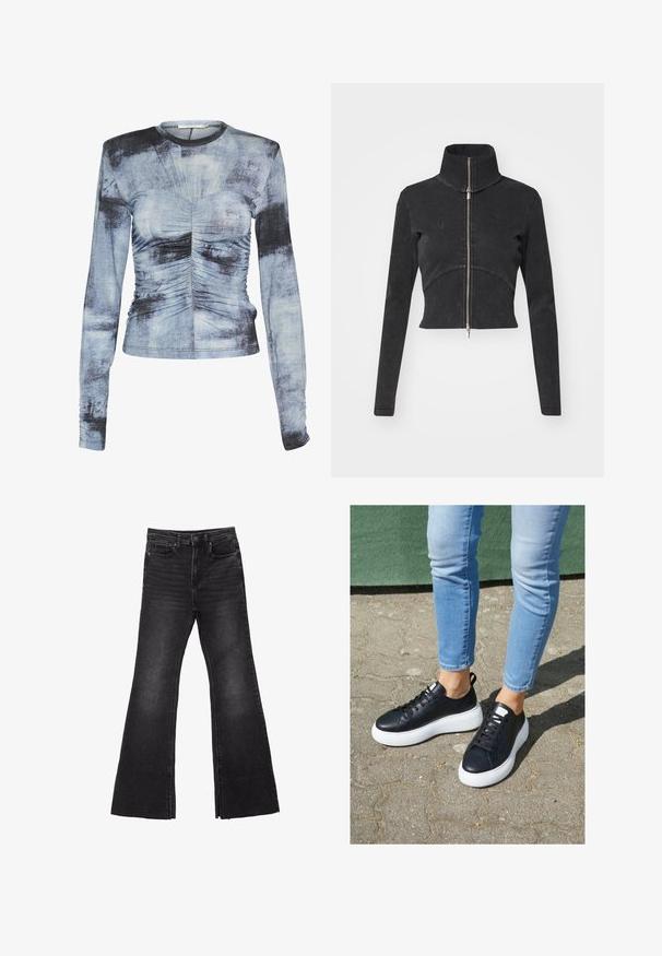 Giacca in denim nero tagliata con colletto alto, zip intera e maniche lunghe. Presenta un design a cucitura curva e una texture sottile.; Top a maniche lunghe in blu e nero con motivo tie-dye, presenta dettagli arricciati sul seno e ai lati, realizzato in un tessuto morbido e elasticizzato.; Jeans in denim nero svasati con orlo grezzo, caratterizzati da un design a cinque tasche e chiusura a bottone. Realizzati in un tessuto resistente e testurizzato.; Sneaker in pelle nera con suole in gomma bianca, caratterizzate da una finitura liscia, punta arrotondata e lacci piatti. Indossati con jeans azzurri chiari.